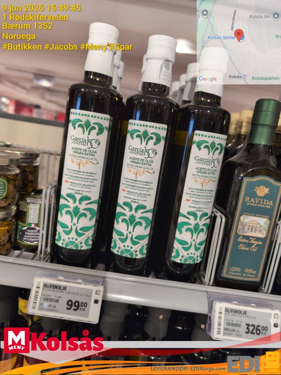 García de la Cruz Extra Virgin Olivenolje 99 kr hos MENY Kolsås, Rødskiferveien 1, Bærum 1352