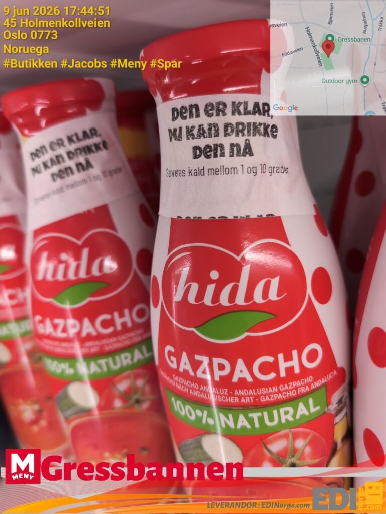 Hida Gazpacho Andaluz nærbilde – "Den er klar, du kan drikke den nå" – servert kald 1–10 grader hos MENY Gressbanen Oslo
